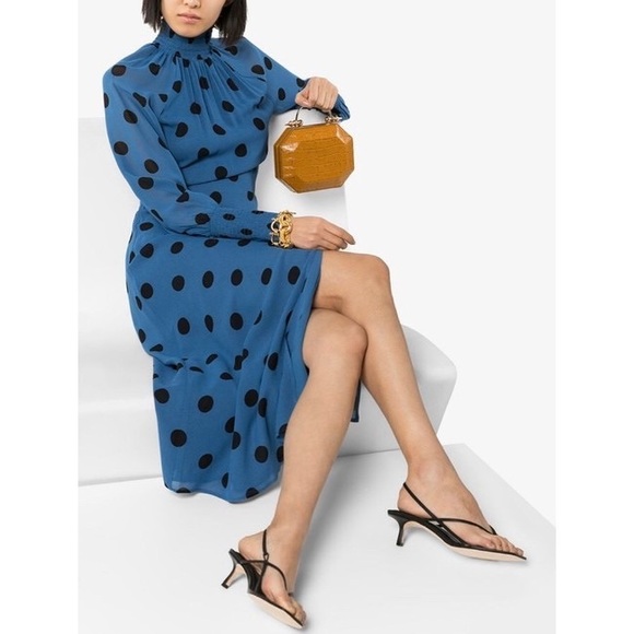 Reformation Valentin Blue & Black Polka-dot High Neck Midi Dress - Picture 9 of 14